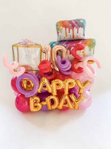 Rainbow Birthday Cake + Gold Present Bouquet - Lush Balloons